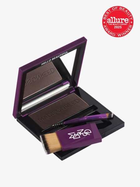 Madison Reed The Great Cover Up Root Touch Up + Brow Filler in branded purple and black compact on light gray background with red Allure Best of Beauty seal in the top right corner